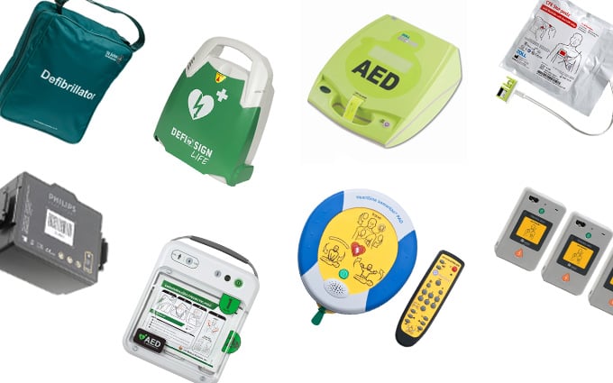 A collage of defibrillators and accessories.
